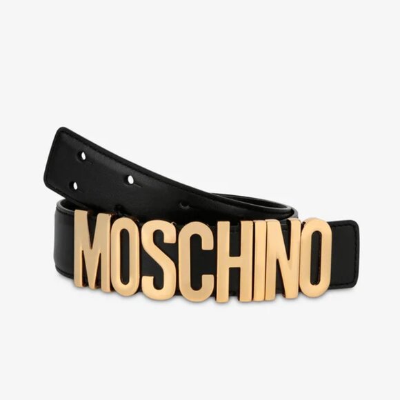 Moschino Logo Plate Belt Leather Patent Black Gold Spell Out Womens Size 48 main image 5